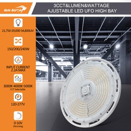 Run Bison UFO LED High Bay Light Fixture with Adjustable Power 150w/200w/240w, 21750lm/29000lm/34800lm. 3CCT 3000K/4000K/5000K,0-10V Dimmable High Bay Lights with Preinstalled Hook - 1PK