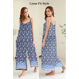 BUENOS NINOS Women's V Neck Floral Wide Leg Pants Boho Printed Adjustable Spaghetti Strappy Long Jumpsuit with Pockets Blue L