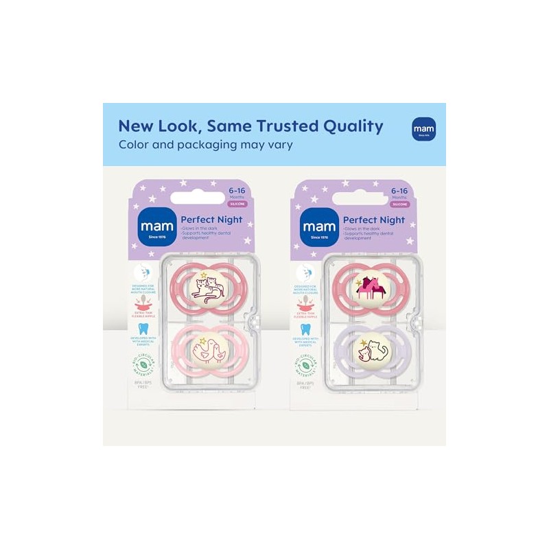 MAM Perfect Night 2 Piece Baby Pacifier, Girl, 6+ Months