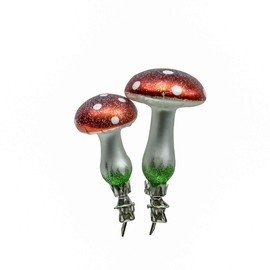 Treasure Gurus 2pc Clip-On Painted Mushroom Glass Christmas Tree Ornament Set Topper Xmas Decor