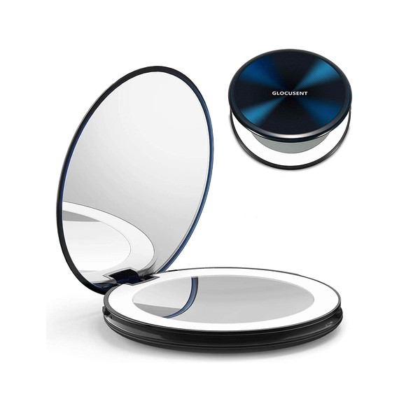 Glocusent Compact Makeup Mirror, 2-Sided 1X/10X Magnification, LED Lighted with 40 Beads, Handheld & Portable, 3 Colors & Brightness Dimmable, Rechargeable, for Travel & On The go