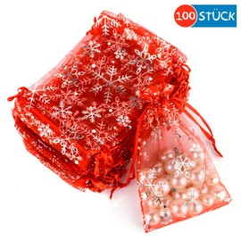 MAOOY Pack of 100 7 x 9 cm Organza Bags Christmas Red, Snowflake Organza Bags with Drawstring, Gift Bags, Jewellery Bag, Organza Bag for Gift Christmas Decoration