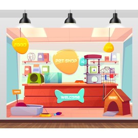 CORFOTO Pet Shop Interior Backdrop 5x3ft Fabric Cartoon Pet Store Inside View Background for Photography Pets Themed Birthday Party Decorations Baby Shower Pets Selfie Photoshoot Props