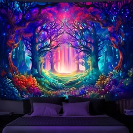 Simpkeely Blacklight Fantasy Forest Tapestry, UV Reactive Nature Magical Tree Glow Wall Hanging Tapestries for Bedroom, Living Room - 70.9" x 118.1"