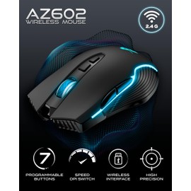 Aimzone Gaming Mouse with LED, USB Wireless Mouse for Gaming with Adjustable DPI, LED Lightning, Rechargeable Wireless Mouse, Full Compatible with Mac & Windows (Black)