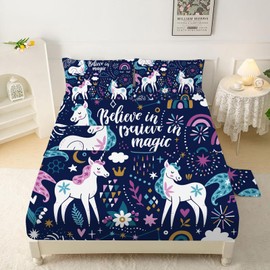 VTKON Navy Blue Unicorn Fitted Sheet Set Twin Bedding Sheet Set Toddler Bed Sheet Twin Bedding Set for Kids Girls 1 Flat Sheet + 1 Fitted Sheet + 1 Pillowcase