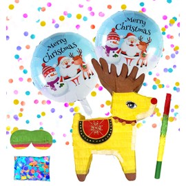 Reindeer Pinatas,Festive Christmas Decorations for Themed Celebrations and Holiday Party Games Includes Busterstick, Blindfold, Confetti and 2 Merry Chirstmas Ballons