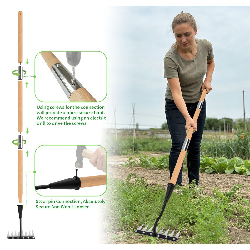 ATLRGISL Iron Weeding Rake with Wooden Long Handle 2.0, 8