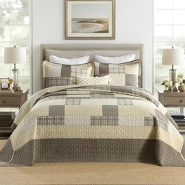 Bedduvit 100% Cotton 120"x120" Oversized California King Bedspread - Farmhouse Oversized Quilt Lightweight Comforter Bedding Set, 3pcs Soft Coverlet Reversible Luxury Plaid Bed Blankets, Beige/Brown