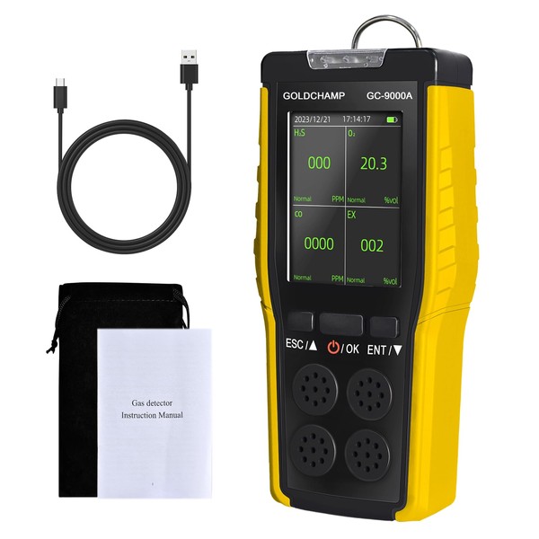 4-in-1 Portable Gas Detector for Flammable Gases/O2/H2S/CO, Sound/Light/Vibration Alarm &