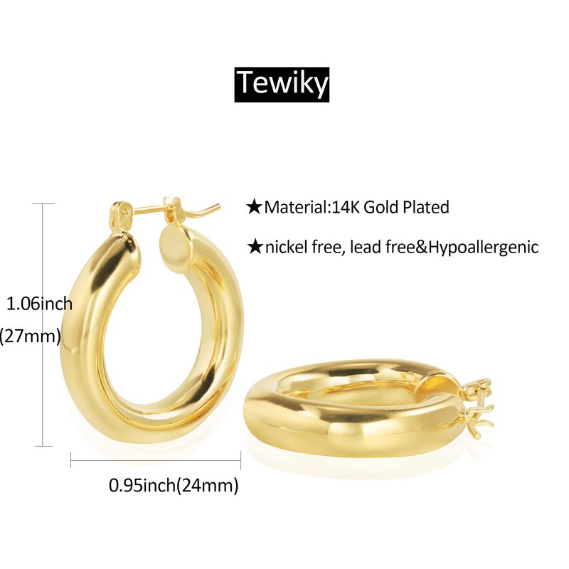 Chunky Gold Hoop Earrings for Women, 14k Gold Plated Thick