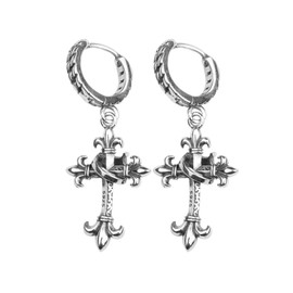 TIRHTYPLSU Punk Gothic Cross Silver Earrings S925 Sterling Silver Vintage Cross Hoop Dangle Drop Earrings for Men Women, Sterling Silver, No Gemstone