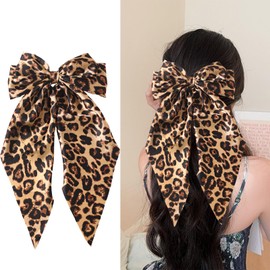 Large Leopard Hair Bow, Leopard Print Hair Bow Clips Silky Satin Large Bows Hair Clip Hair Ribbons Leopard Long Tail Big Hair Bows Accessories for Women Girls (Yellow)