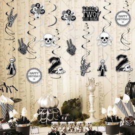 Jollyboom Bad Two The Bone Party Decorations Boy Girl, 24pcs 2nd Birthday Decorations Hanging Swirl Bad 2 The Bone Hanging Ceiling Streamers Black White for Music Theme Rock and Roll Birthday Party