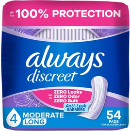 Always Discreet Adult Incontinence Pads for Women, Drier, 4 Drop Long Length, Moderate Absorbency, Pads for Bladder Control Management, Bladder Leaks, & Postpartum Pads, 54ct