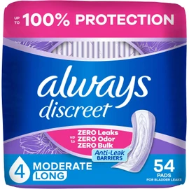 Always Discreet Adult Incontinence Pads for Women, Drier, 4 Drop Long Length, Moderate Absorbency, Pads for Bladder Control Management, Bladder Leaks, & Postpartum Pads, 54ct
