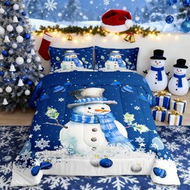Homewish Cute Snowman Comforter Set King Size,Merry Christmas Quilt Set 3Pcs Xmas Bells and Snowflake Bedding Set for Kids Boys Girls Teens Room Decor Cartoon Blue White Duvet Insert,2 Pillowcases