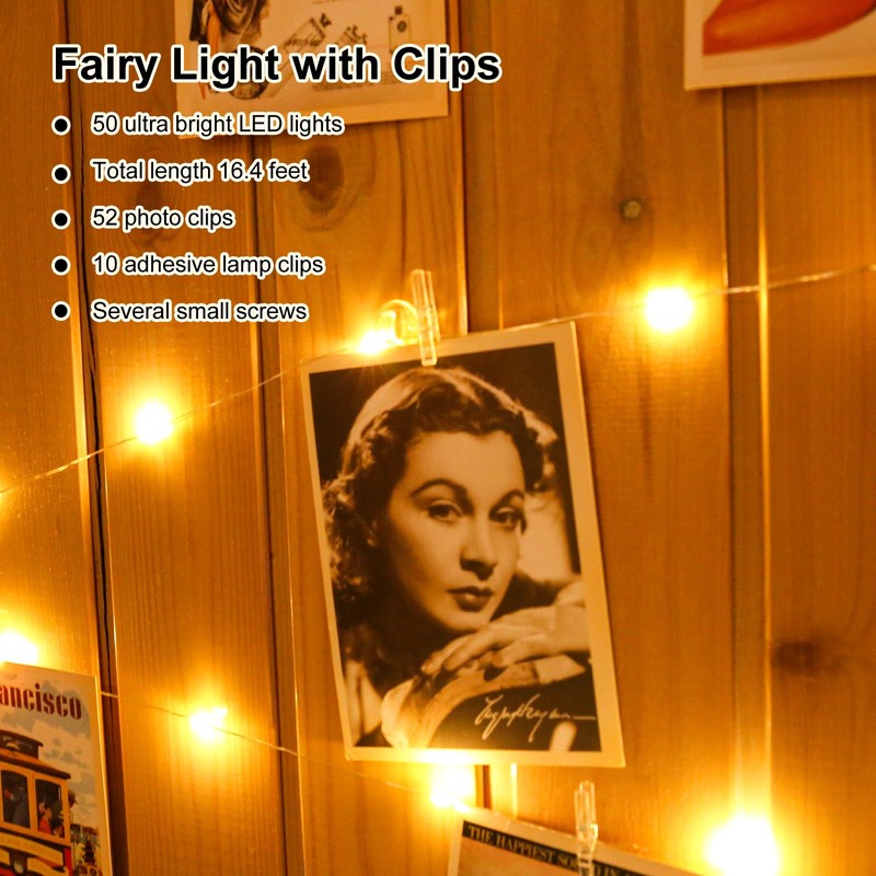HXWEIYE 50LEDs Photo String Light, Warm White 16.4Ft Battery Powered