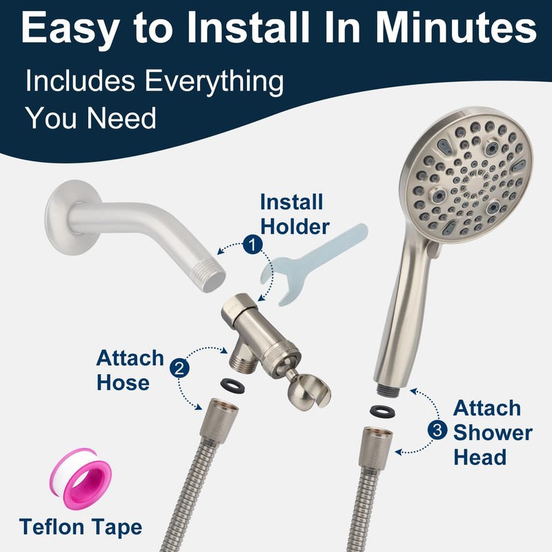 Shower Head with Handheld, All Metal Holder & Extra Long