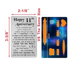 TANWIH 11th Anniversary Card Gifts for Him Husband Steel, Happy 11 Year Wedding Anniversary Cards for Men, Engraved Metal Wallet Insert
