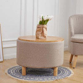 FUENTE LUZ Morden Round Coffee Table with Storage，End Accent Table and Solid Wood Legs， Sofa Ottoman Side Table with Removable Wooden Lid Tray for Bedroom，Living Room，Office (Cream)