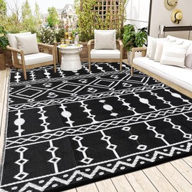 Acekool Waterproof Outdoor Rug, 8x10ft Plastic Straw Rug for RV Camping Rug, Large Floor Mat and Rug for Outdoors, Outside Carpet for Rv, Deck, Camper, Picnic, Black & White