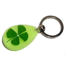 HQRP-Crystal Keychain Real Four Leaf Clover Shamrock in Glow in The Dark 2.1" Lucite Lucky Leaf Inside Resin St.Patrick's Day Gift Display Crafts Collection Decoration Tear Drop Key Ring Chain