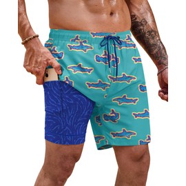 ERECT PEAK Men's Trendy Board Shorts New Cozy Trunk Print Graphic UPF 50+ Pockets Beach 6 Inch Inseam Dry Fit Drawstring Moisture Wicking Breathable Solid Swim Shorts Green Shark L