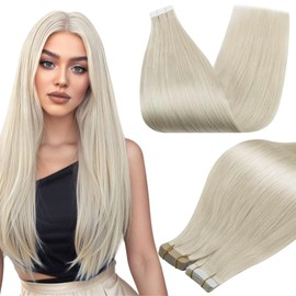 Full Shine Invisible Tape in Hair Extensions Human Hair White Blonde Human Hair Extensions Tape in 20Inch Adhesive Double Sided Extenison Seamless Skin Weft 50G 20Pcs Daily Office Look