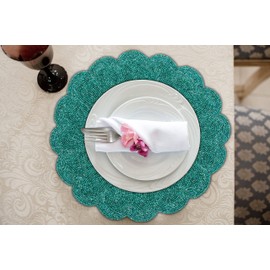 Lightnpro Placemat, Table Placemat, Thanksgiving Placemat, Fall Placemat, Beaded Placemat, Scalloped Round Christmas Placemat - Perfect Table Deor for Xmas Thansgiving Summer Holiday - Teal - 13 Inch