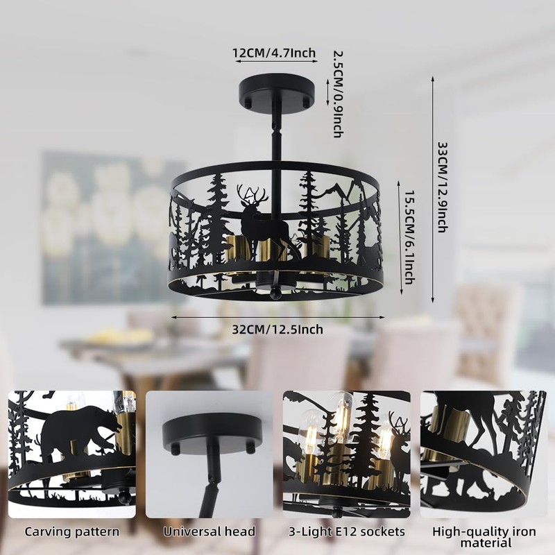 Sloped Rustic Semi Flush Mount Ceiling Light Fixture,3-Light Round E26