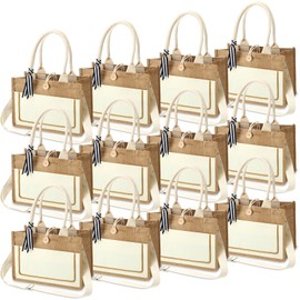 Silkfly 12 Packs Jute Burlap Tote Bags 11.81x7.87x5.51 Inches Burlap Beach Bags with Handles Nice Gift for Women Mom (White)