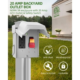 islewire Outdoor Electrical Outlet with Safety Switch, Rainproof 3R Enclosure with Metal Cover, 20 AMP WRTR GFCI Receptacle, Pre-Drilled Wiring Holes, Ideal for Backyard Use, ETL Listed