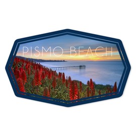 Die Cut Sticker Pismo Beach, California, Ocean View with Red Aloe Flowers, Contour Vinyl Sticker 3 to 6 inches, (Waterproof Decal for Cars, Water Bottles, Laptops, Coolers), Large
