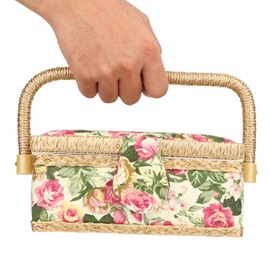 Portable Sewing Organizer Basket, Adjustable Handle. Double-layer Storage for Threads and Scissors (pastoral rose)