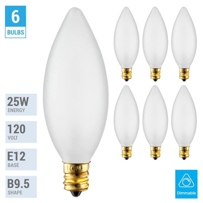 (6 Pack) 25 Watt Frosted Candelabra Base (E12) Torpedo Tip
