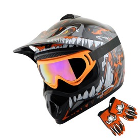 WOW Youth Kids Motocross BMX MX ATV Dirt Bike Helmet Dragon Orange + Goggles + MG Youth Orange Glove Bundle