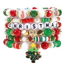 Christmas Beaded Heishi Bracelets for Women Cute Xmas Tree Bracelets Reindeer Snowmen Stretchy Holiday Bracelet