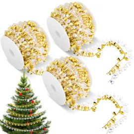 Geetery 100 Feet 3 Rolls Christmas Tree Crystal Beads Garland, Diamond Crystal String Shimmer Bead Garland for Xmas Wedding Party Decoration Crafting (Gold Iridescent Mix)