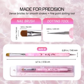 Ivy-L Premium 2 Ways French Gel Acrylic Nail Art Kolinsky Brush with Dotting Tool for Professional Manicure Nail Art Design Cuticle Clean-up + Pink Marble Acrylic Handle (Size # 12, Pink Marble)