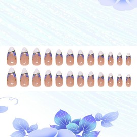White French Tip Press on Nails Medium Flower False Nails Full Cover Glossy Acrylic Nails Almond Shaped French Artificial Stick on Nails Reusable Glue on Nails for Women Manicure Kit 24Pcs