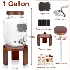 1 Gallon Drink Dispenser for parties,Glass Beverage Dispenser with Stand,Water Dispenser with 18/8 Stainless Steel Spigot,lemonade stand Dispenser for Fridge,Juice,Punch,Cocktails,Ice Tea & Sun Tea