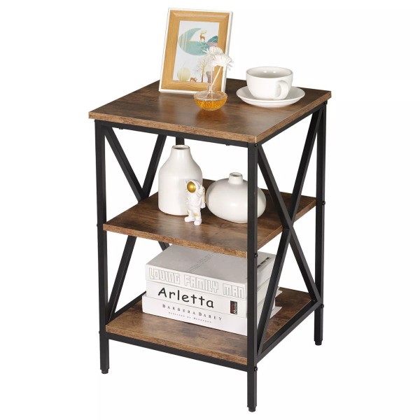 Segawe Rustic Brown X-Design Nightstand with Storage Shelf for Living