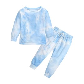 MYGBCPJS 2Pcs Kids Girls Tie Dye Sweatsuit Child Cotton Long Sleeve Outfits Set Sport Tracksuit Tops + Sweatpants, Blue-white, 8-9 Years