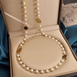 Designer Imitation Pearl Neckalce Camellia Flower Long Double Stranded Necklace Jewelry for Woman Pearl Jewellery