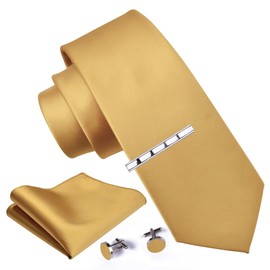 Men's Solid Gold Yellow Tie Silk Necktie and Handkerchief with Tie Clip Sets (UK6101-11)