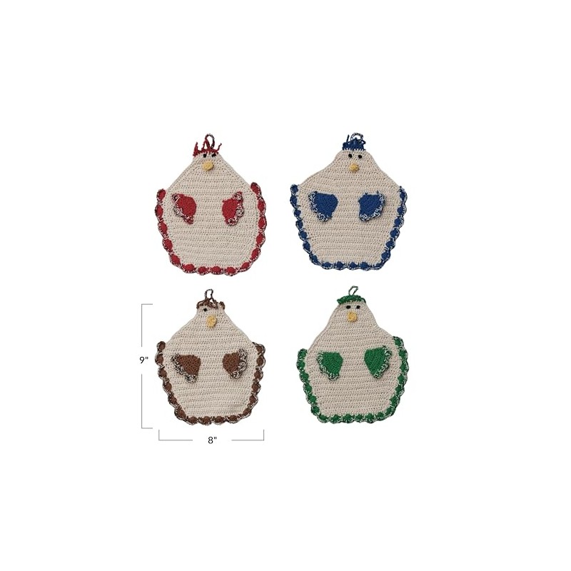 Creative Co-Op Cotton Crocheted Chicken Pot Holder, Multicolor, Set of