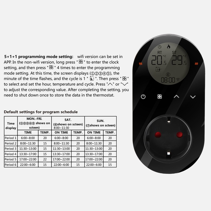 WiFi Digital Thermostat Outlet Plug 16A Outlet Tuya App Voice