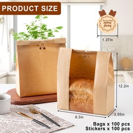 100Pcs Sourdough Paper Bread Bags for Homemade Bread with Window, Includes 50PCS Label Seal Stickers for Food Storage(50% Thicker 13.7x8.3x3.5 in - Large)