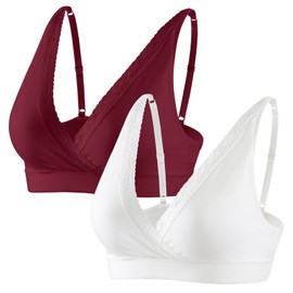 Topwhere - Sujetadores de dormir de algodón de encaje para mujer, sujetadores de lactancia materna, brasier de apoyo para el embarazo con correas ajustables, Blanco y rojo, XXL